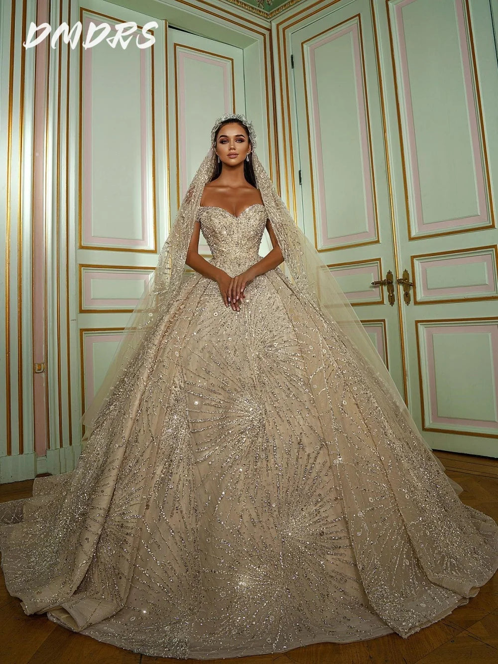 Charming Spaghetti Straps Bridal Gown 2026 Shiny Sleeveless Wedding Dress Romantic Sequined Floor- Free worldwide shipping