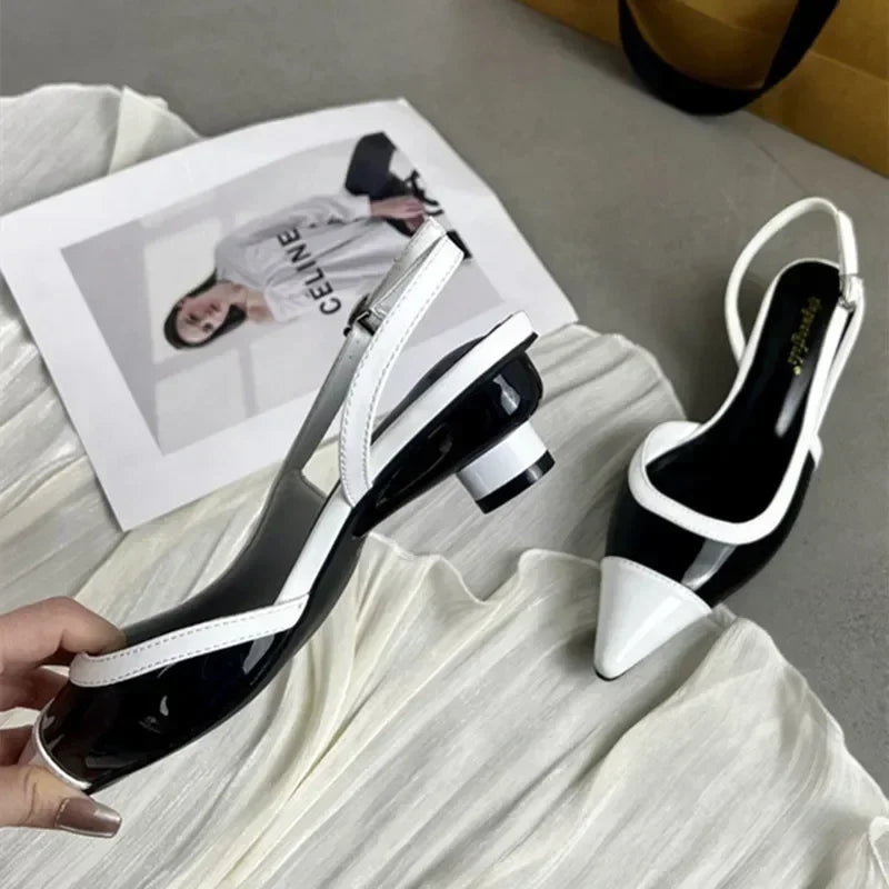 Designer Black White Mixed Color Low Heeled Sandals- Free worldwide shipping