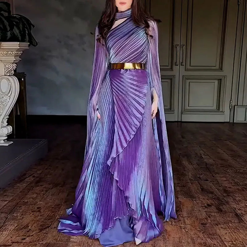 Fashion Gradient Printed Fold Evening Dress Leisure Hollow Out Slit Sleeve Banquet Dress Elegant Lady High Waist Big Hem Dresses- free worldwide shipping