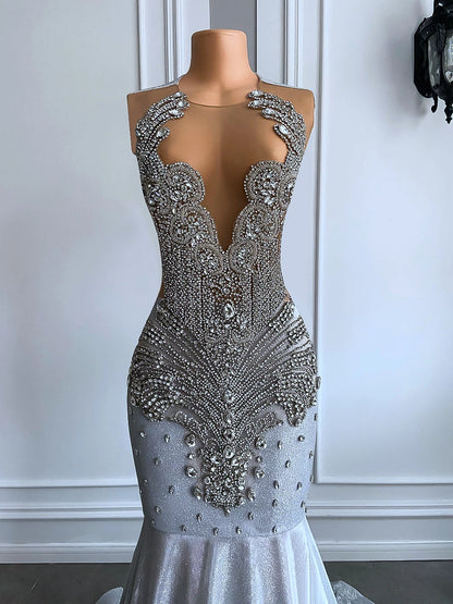 Women Silver Long Mermaid Prom Dresses 2025 Sexy Sheer Mesh Luxury Sparkly Handmade Diamond Black Girl Prom Formal Gala Gowns- free worldwide shipping