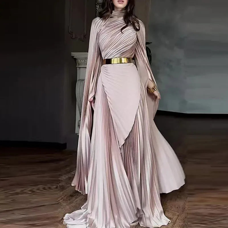 Fashion Gradient Printed Fold Evening Dress Leisure Hollow Out Slit Sleeve Banquet Dress Elegant Lady High Waist Big Hem Dresses- free worldwide shipping