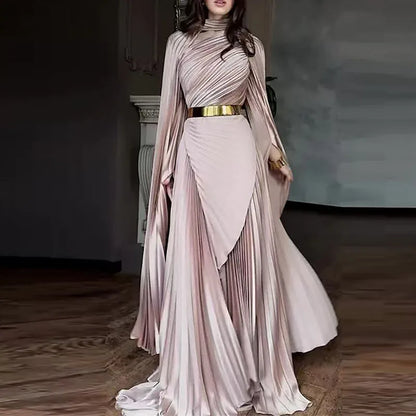 Fashion Gradient Printed Fold Evening Dress Leisure Hollow Out Slit Sleeve Banquet Dress Elegant Lady High Waist Big Hem Dresses- free worldwide shipping