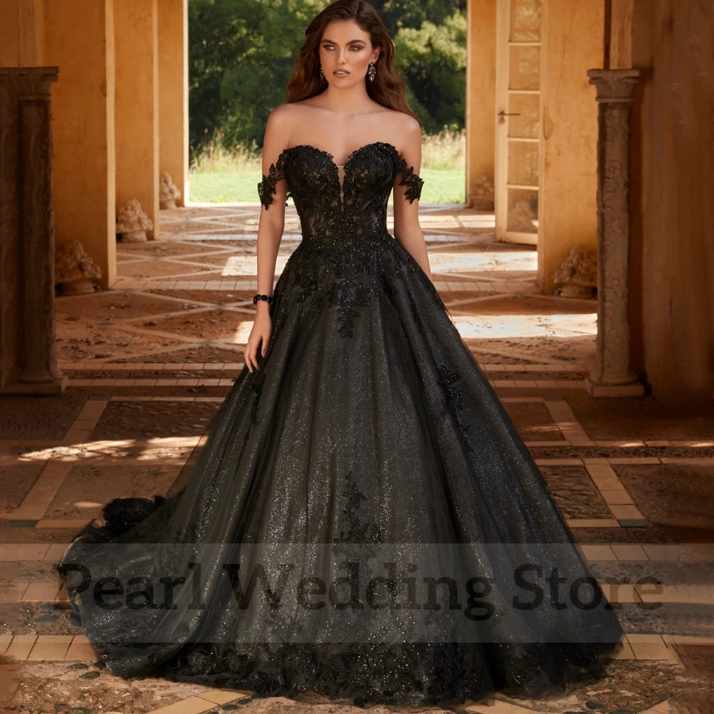 Black Wedding Dress Sweetheart Off the Shoulder Classic Applique Tulle Shiny A-Line Floor Length Bride Open Back Gowns- free worldwide shipping