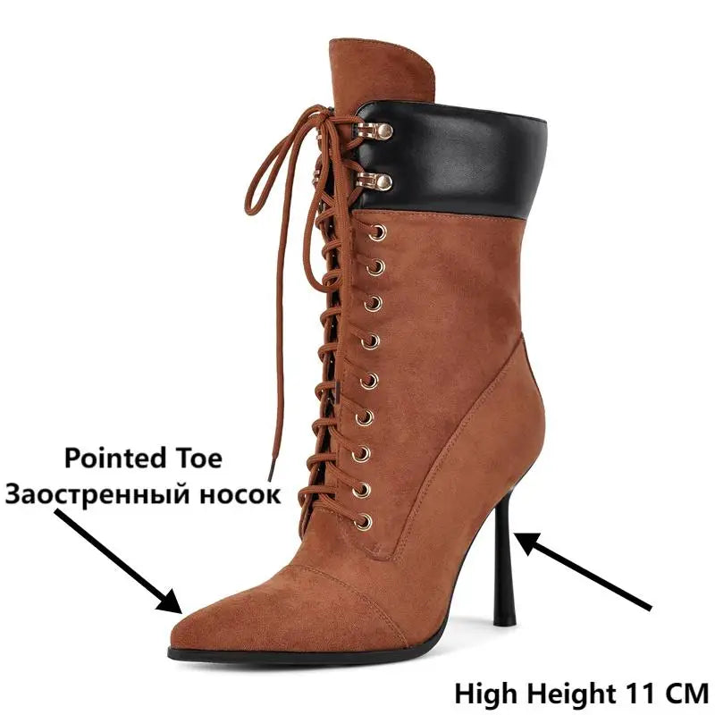 Pointed Toe Lace Up Mid-Calf Stiletto High Heel Boots Fashion