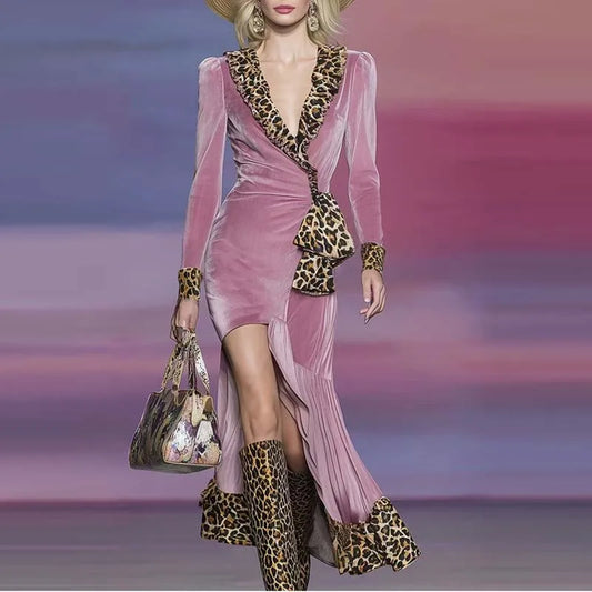 Winter Vintage Pink Velvet Leopard Print Maxi Dress Women V Neck Long Sleeve High Slit Irregular Ruffle Party Chic Evening Gown