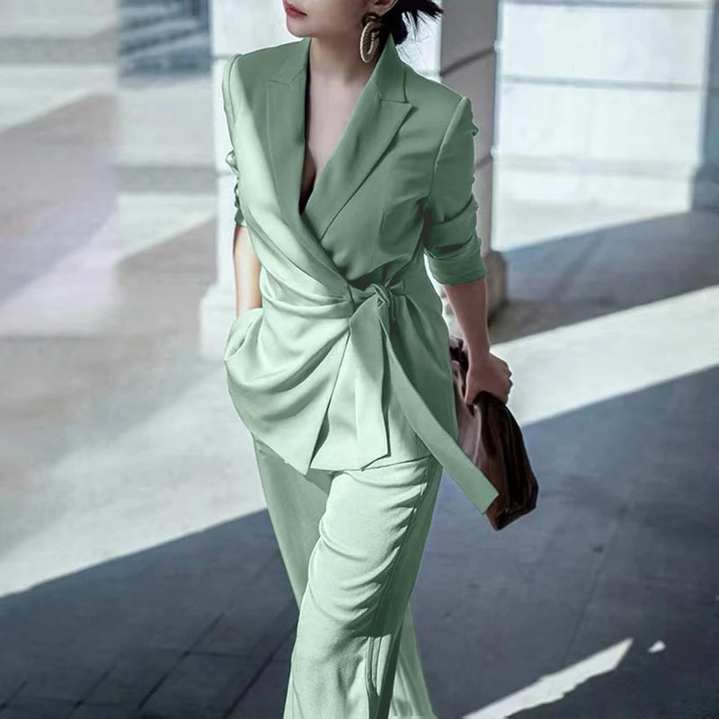 Office Lady Blazer Suits Elegant Women Tied Waist Top and Pant 2pcs Outfit 2025 Trend Streetwear Commute Pant Sets
