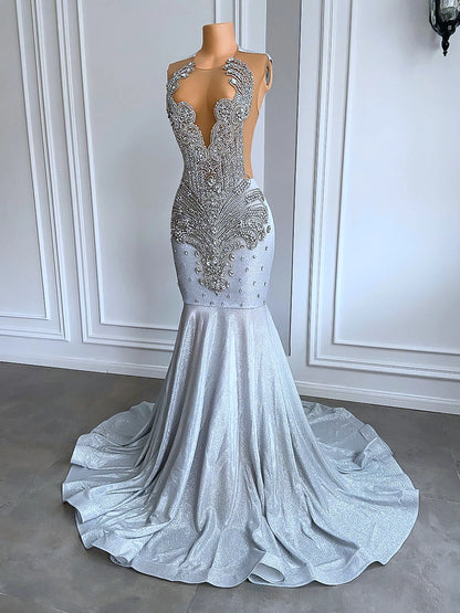 Women Silver Long Mermaid Prom Dresses 2025 Sexy Sheer Mesh Luxury Sparkly Handmade Diamond Black Girl Prom Formal Gala Gowns- free worldwide shipping