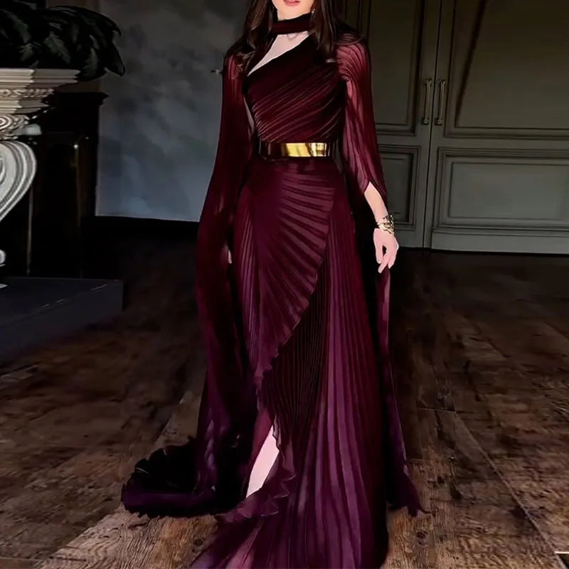 Fashion Gradient Printed Fold Evening Dress Leisure Hollow Out Slit Sleeve Banquet Dress Elegant Lady High Waist Big Hem Dresses- free worldwide shipping