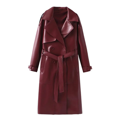 Over Coat With Belt Long style Single Breasted Faux Leather Coat -Free worldwide shipping