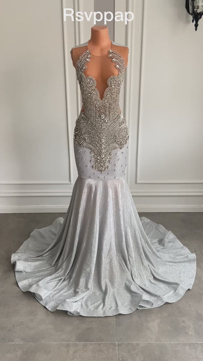 Women Silver Long Mermaid Prom Dresses 2025 Sexy Sheer Mesh Luxury Sparkly Handmade Diamond Black Girl Prom Formal Gala Gowns- free worldwide shipping